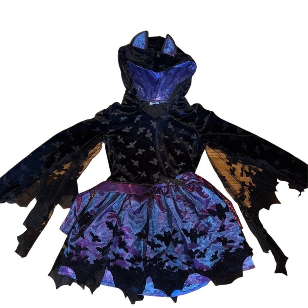 Spirit Halloween Kids Bat Costume Dress Black M with Wings & Hood cosplay velvet